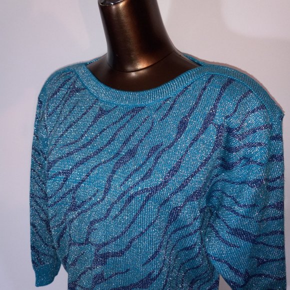 crew-neck tourquoise metalic thread zebra print sweater vintage 1980s - Picture 3 of 8